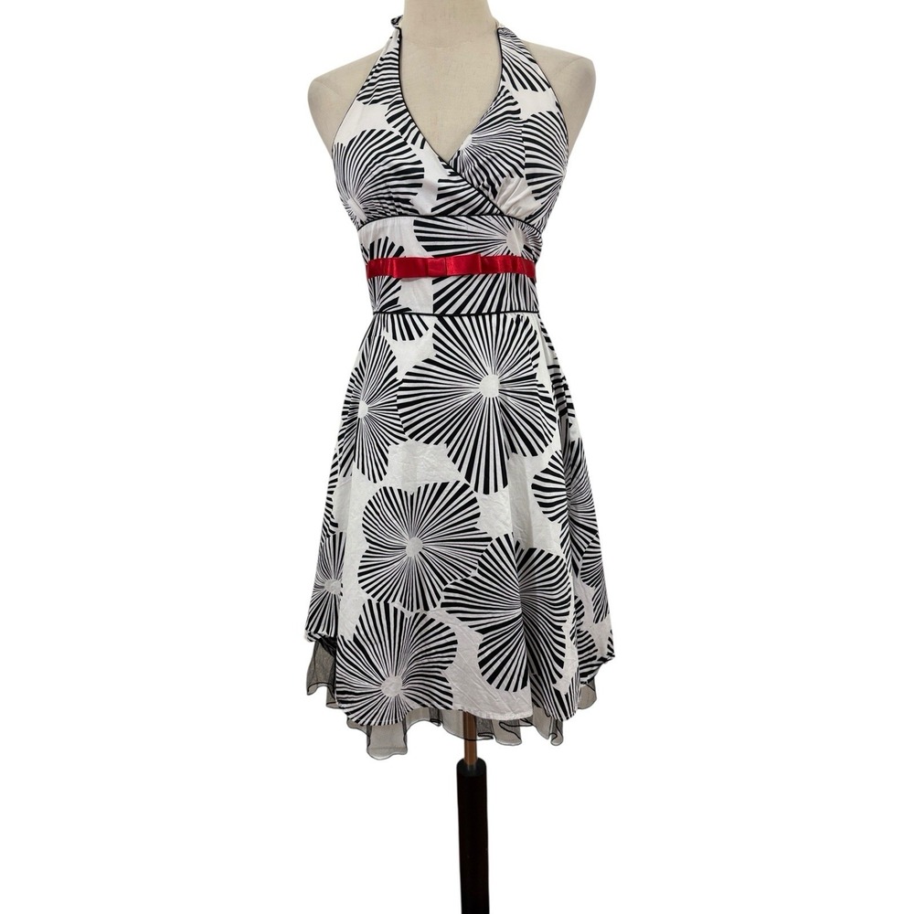 Y2K City Triangles Dress Halter Sz 5 Black‎ White Red Retro Floral Crinoline